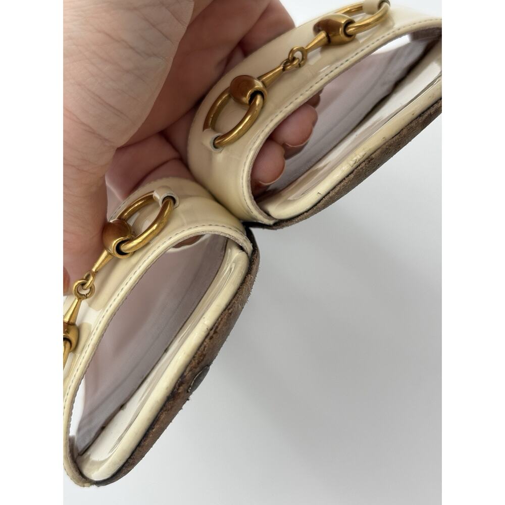 Gucci Horsebit Sandals Cream Patent Leather Size 37 / 7 Adjustable Ankle Strap - Picture 10 of 16